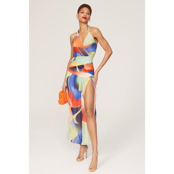 NICHOLAS Multicolor Abstract A-Line Ruching Side Slit Bristol Gown Dress Size 4 - Picture 1 of 6
